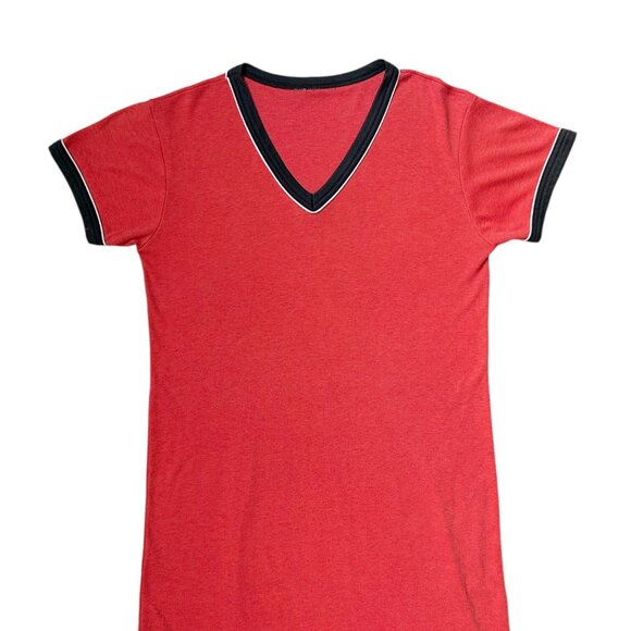 70s 80s Vintage T-shirt Dress Maxi Ringer V-neck Soft Thin Contrast Collar. - Picture 4 of 9